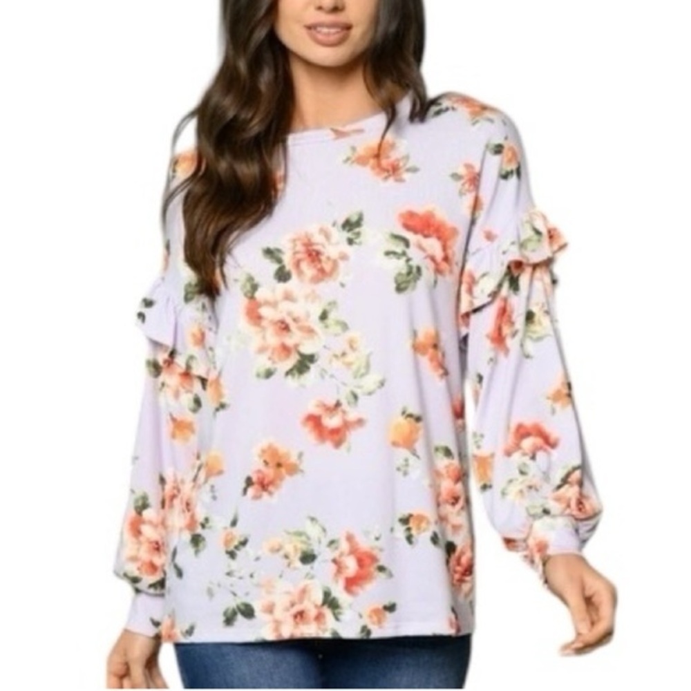 New/RePosh Vine & Love l/s long length flowered top.Fitted wrists w/ bell sleeve